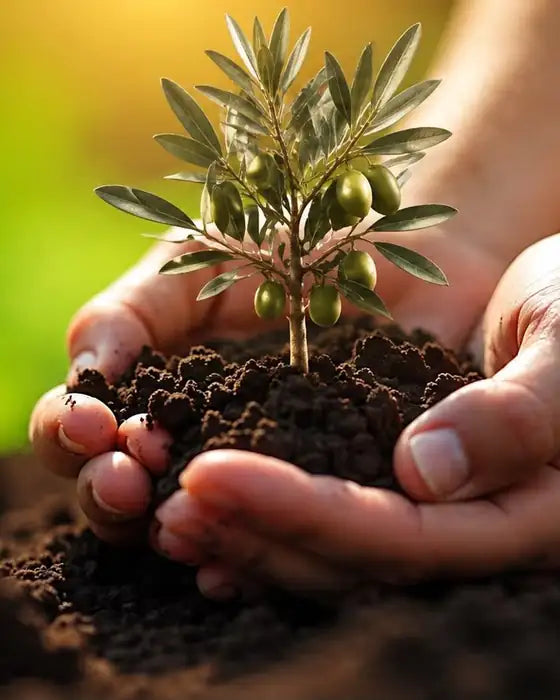 Hands holding a young olive tree in soil